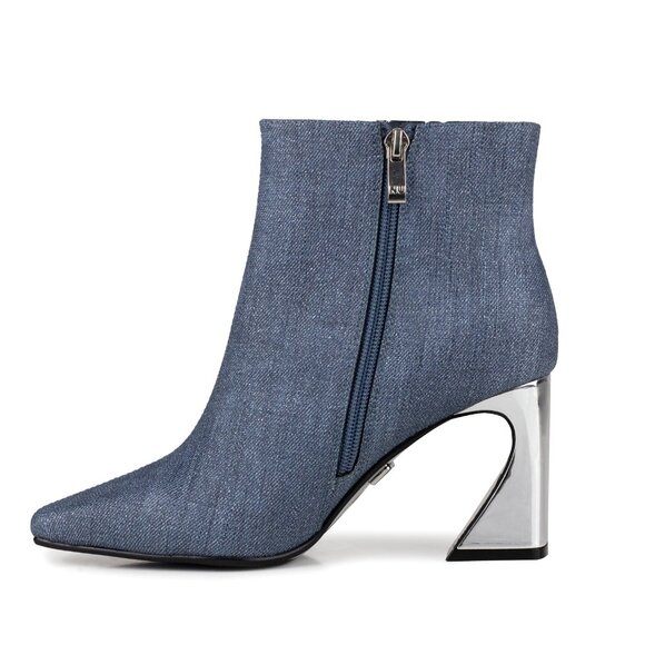 Stylish Modern Womens Blue Denim Metal High Heel Double Zipper Ankle Boots - Picture 4 of 9